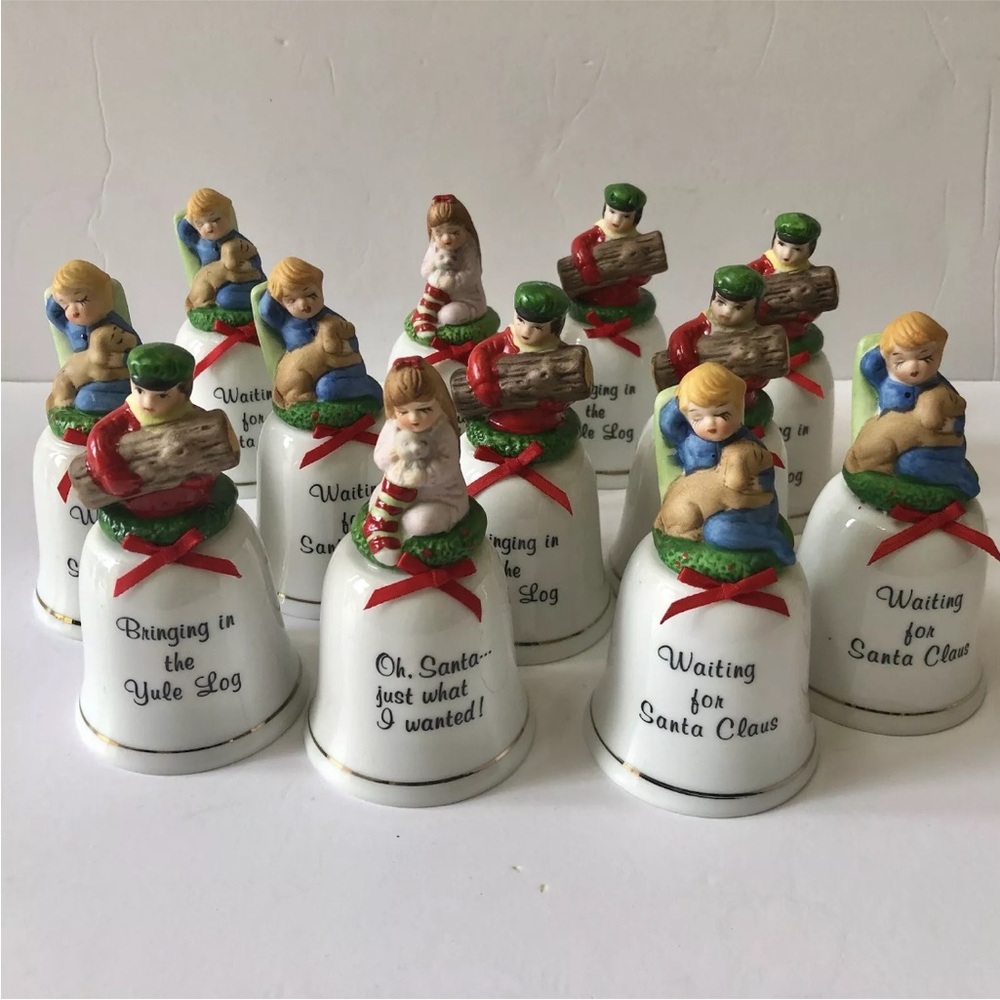 Vintage Precious Moments Christmas Ornaments Porcelain Holiday Bells 12 piece